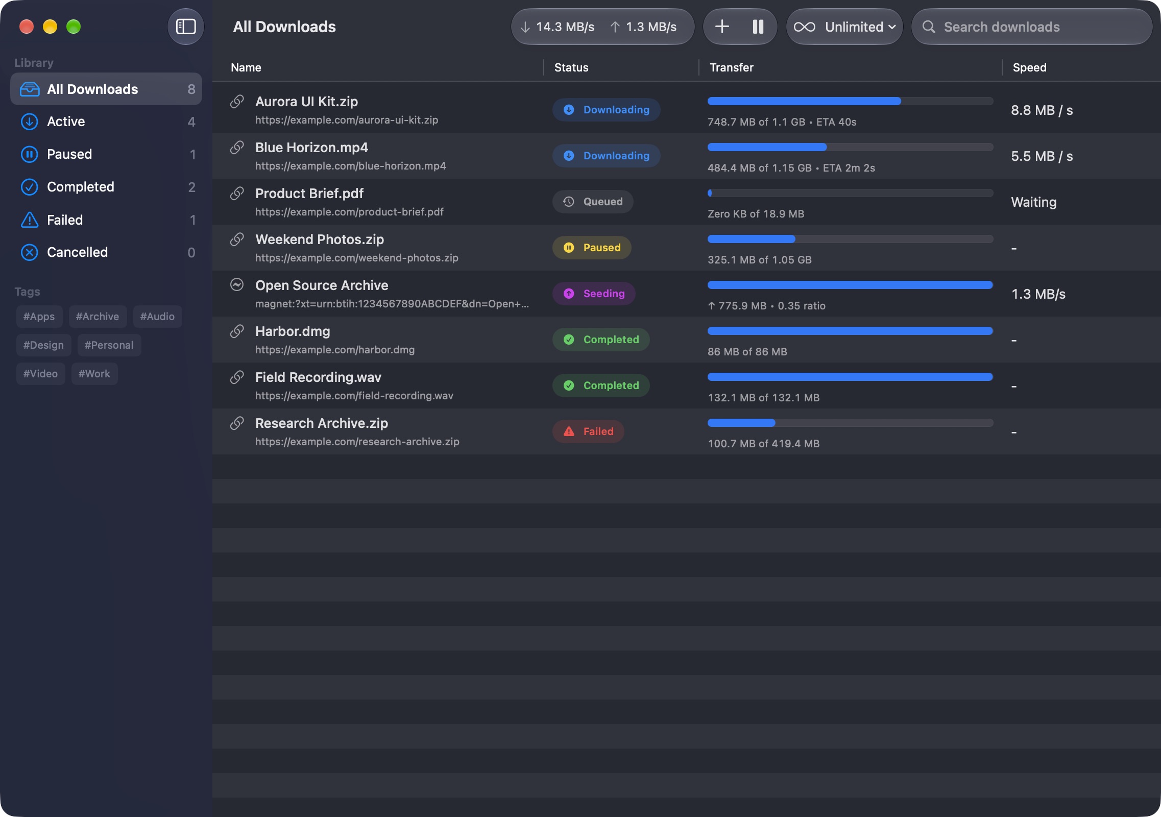 Harbor download list and sidebar in dark appearance
