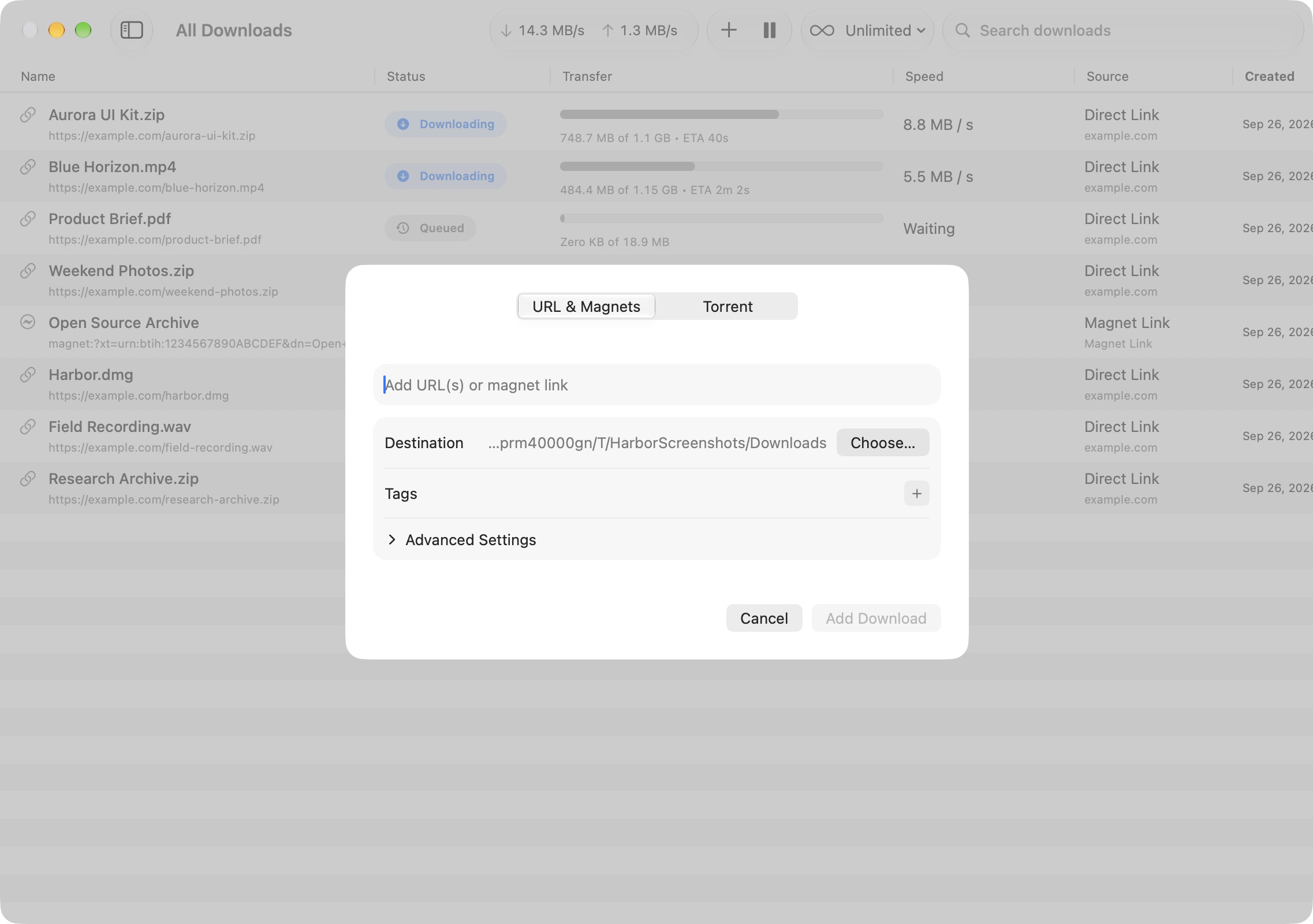 Add Download sheet with URL and magnet tab, destination, tags, and advanced settings