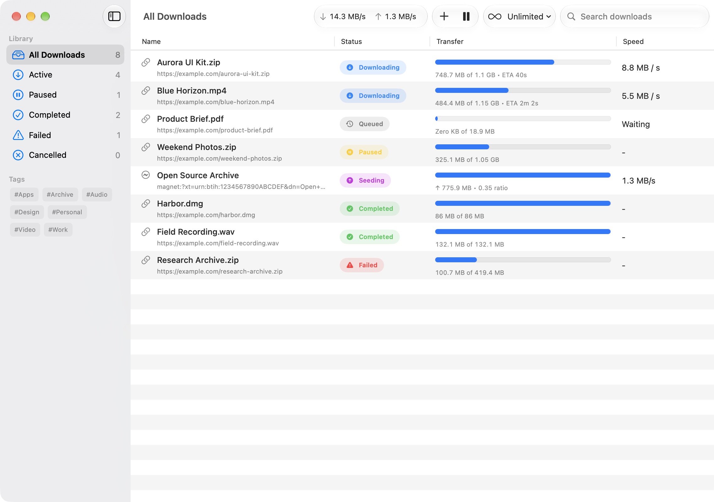 Harbor download list with sidebar, tags, and active transfers in light appearance