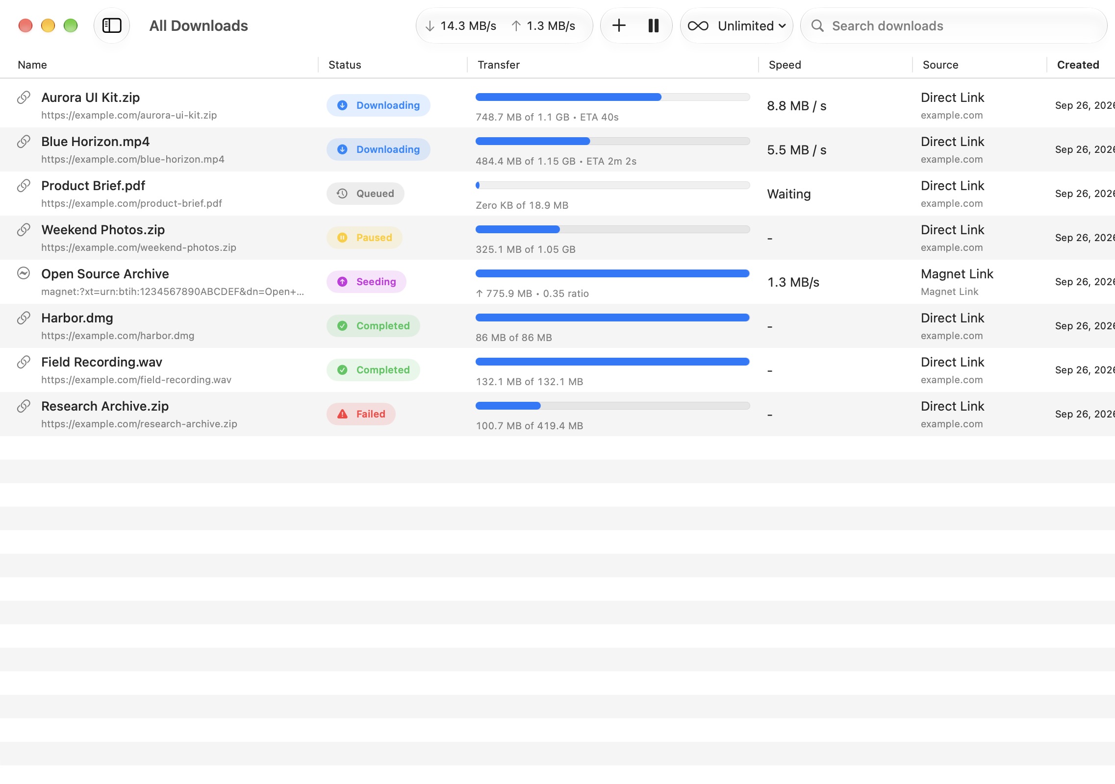 Harbor download table with status, transfer progress, speed, source, and date columns