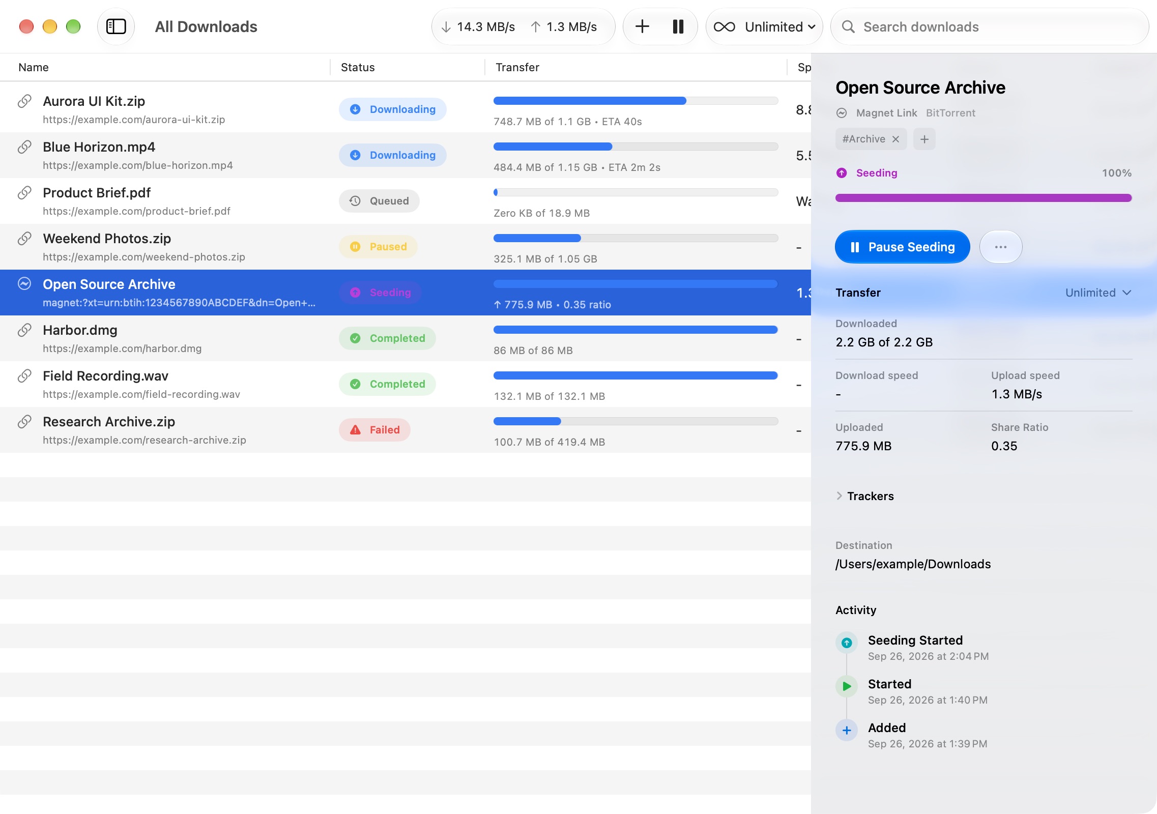 Harbor torrent inspector showing seeding progress, transfer metrics, tags, and activity